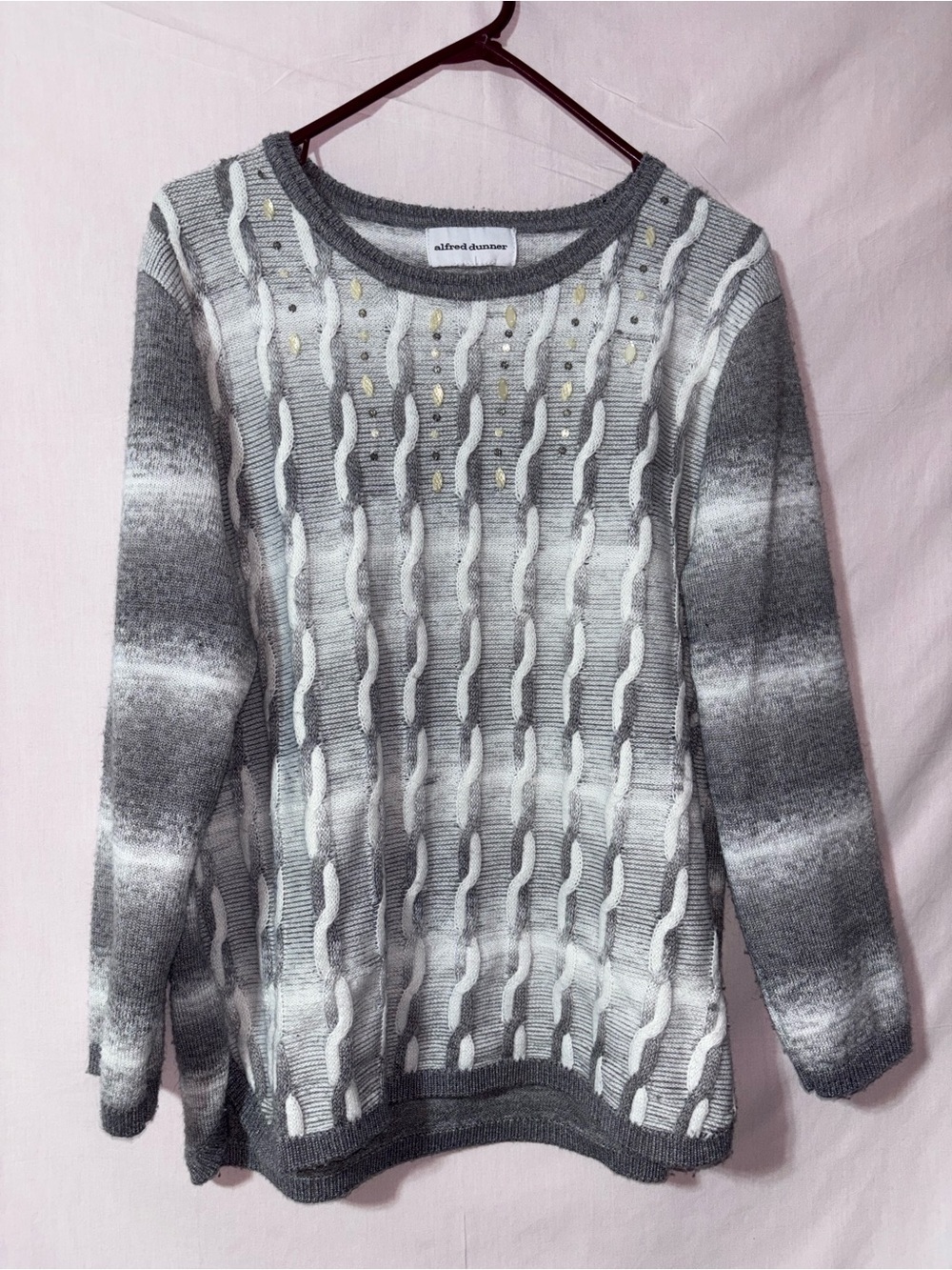 Alfred Dunner Gray and White Cable Knit Crewneck Sweater with Bead Detail